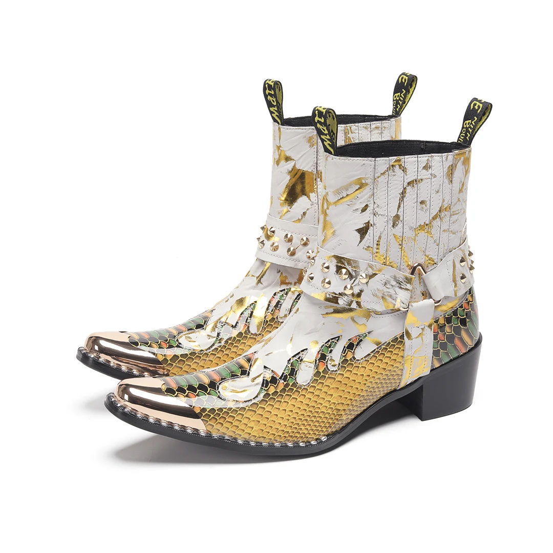 Men's Designer Genuine Leather Ankle Boots Metal‑Pointed Print Rivet Decor Plus‑Size Cowboy Motorcycle Footwear For Business For
