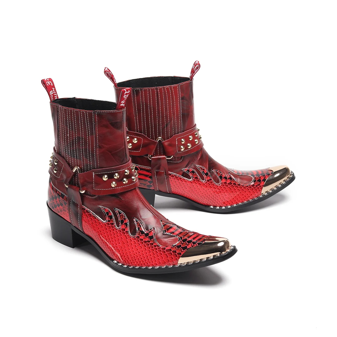 Men's Designer Genuine Leather Ankle Boots Metal‑Pointed Print Rivet Decor Plus‑Size Cowboy Motorcycle Footwear For Business For