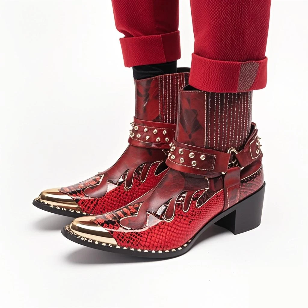 Men's Designer Genuine Leather Ankle Boots Metal‑Pointed Print Rivet Decor Plus‑Size Cowboy Motorcycle Footwear For Business For