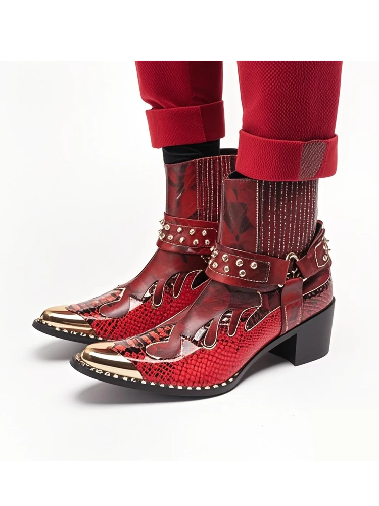 Men's Designer Genuine Leather Ankle Boots Metal‑Pointed Print Rivet Decor Plus‑Size Cowboy Motorcycle Footwear For Business For