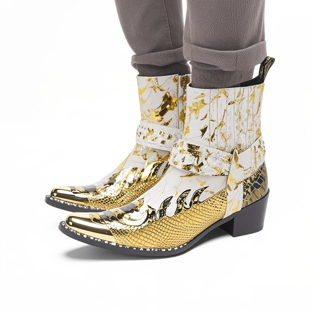Men's Designer Genuine Leather Ankle Boots Metal‑Pointed Print Rivet Decor Plus‑Size Cowboy Motorcycle Footwear For Business For