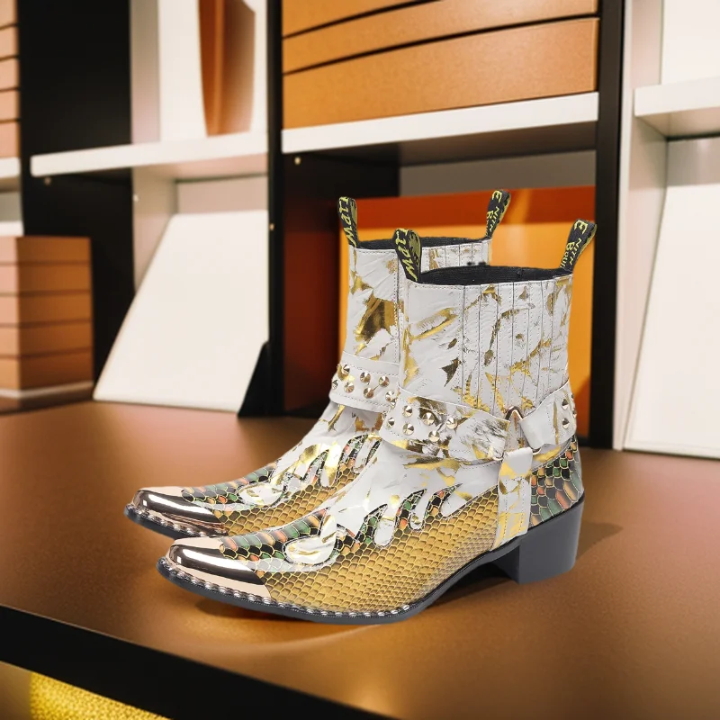 Men's Designer Genuine Leather Ankle Boots Metal‑Pointed Print Rivet Decor Plus‑Size Cowboy Motorcycle Footwear For Business For