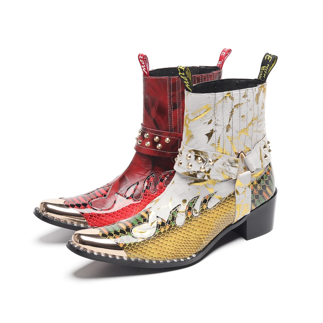 Men's Designer Genuine Leather Ankle Boots Metal‑Pointed Print Rivet Decor Plus‑Size Cowboy Motorcycle Footwear For Business For