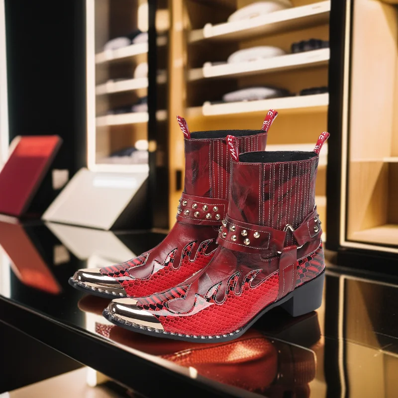 Men's Designer Genuine Leather Ankle Boots Metal‑Pointed Print Rivet Decor Plus‑Size Cowboy Motorcycle Footwear For Business For