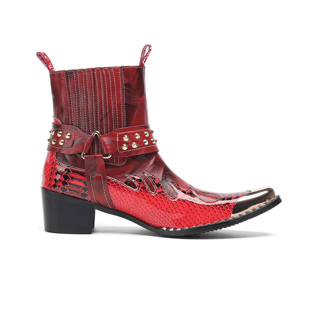 Men's Designer Genuine Leather Ankle Boots Metal‑Pointed Print Rivet Decor Plus‑Size Cowboy Motorcycle Footwear For Business For