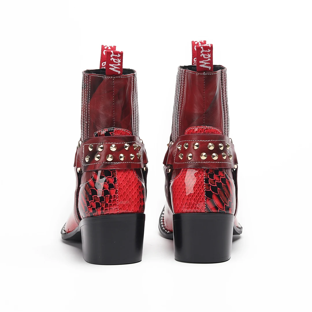 Men's Designer Genuine Leather Ankle Boots Metal‑Pointed Print Rivet Decor Plus‑Size Cowboy Motorcycle Footwear For Business For