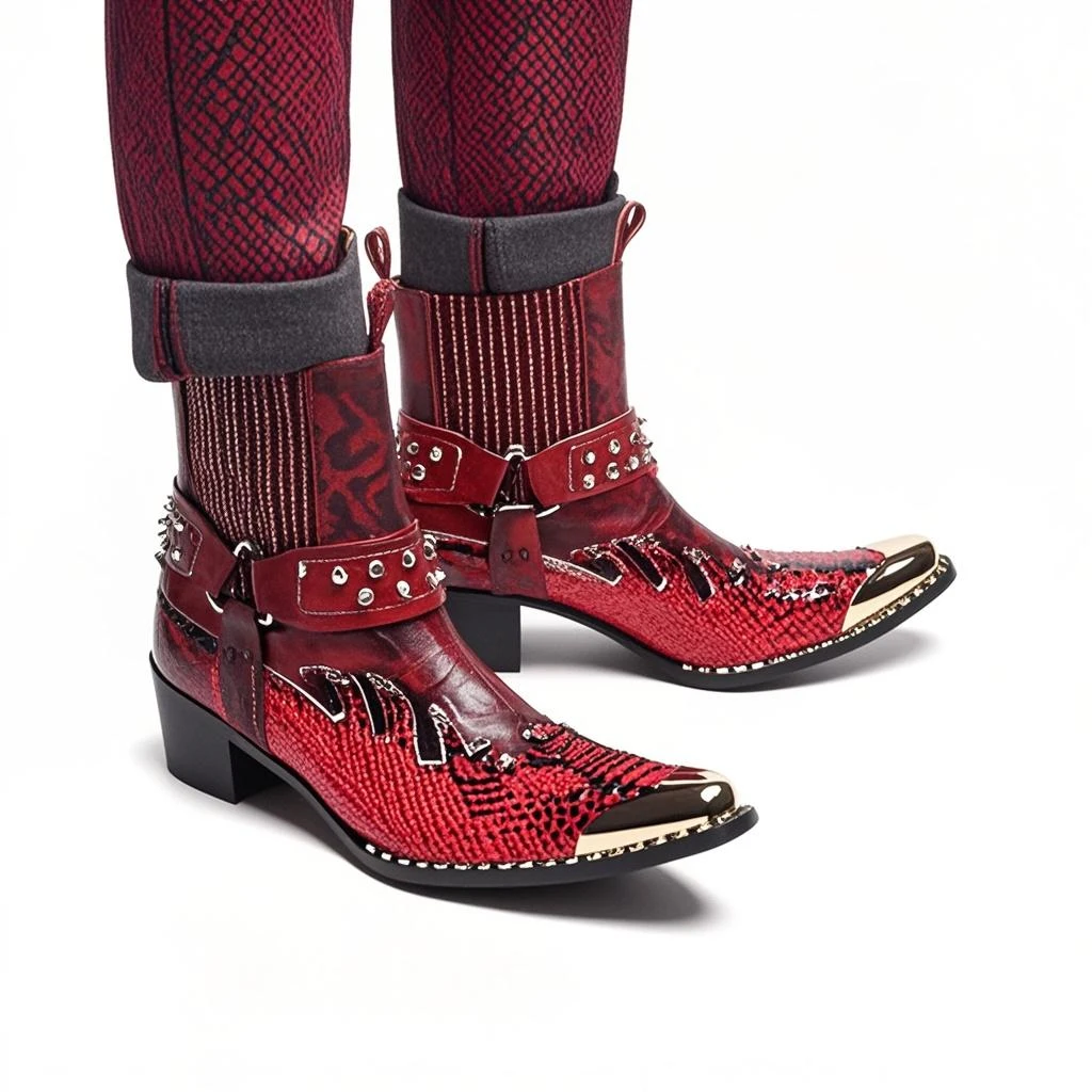 Men's Designer Genuine Leather Ankle Boots Metal‑Pointed Print Rivet Decor Plus‑Size Cowboy Motorcycle Footwear For Business For