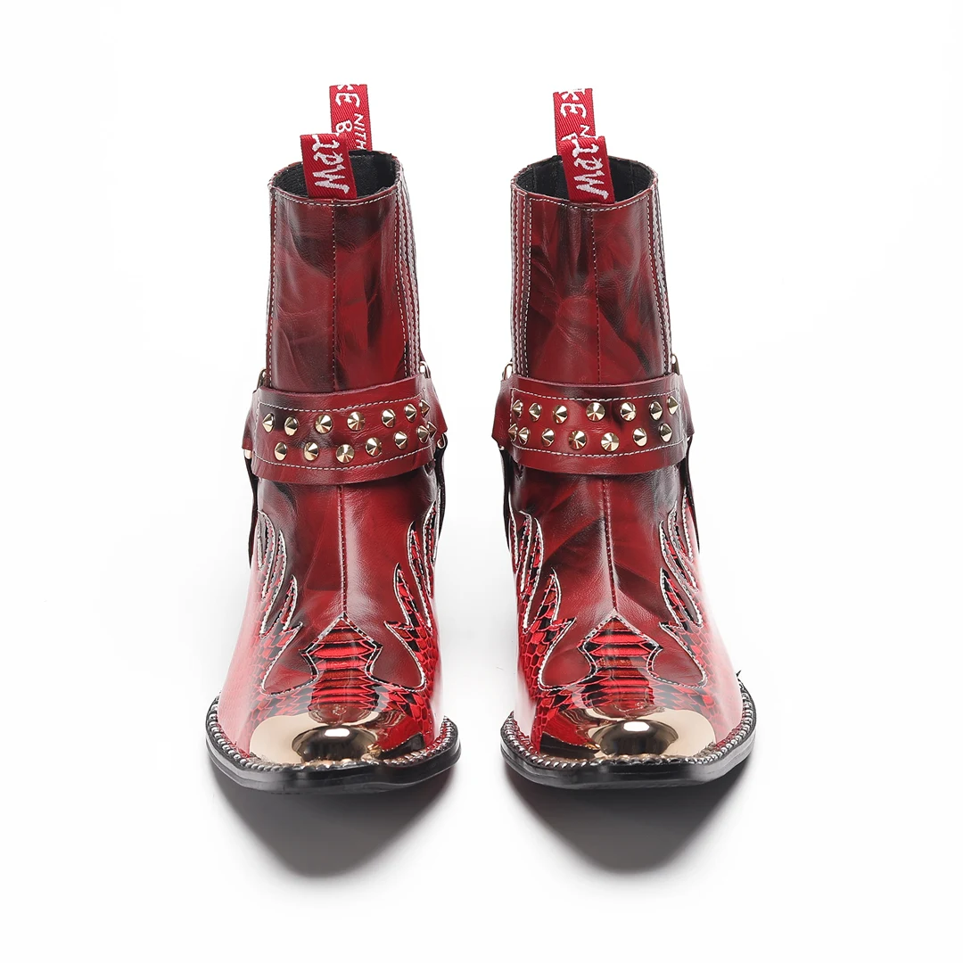 Men's Designer Genuine Leather Ankle Boots Metal‑Pointed Print Rivet Decor Plus‑Size Cowboy Motorcycle Footwear For Business For