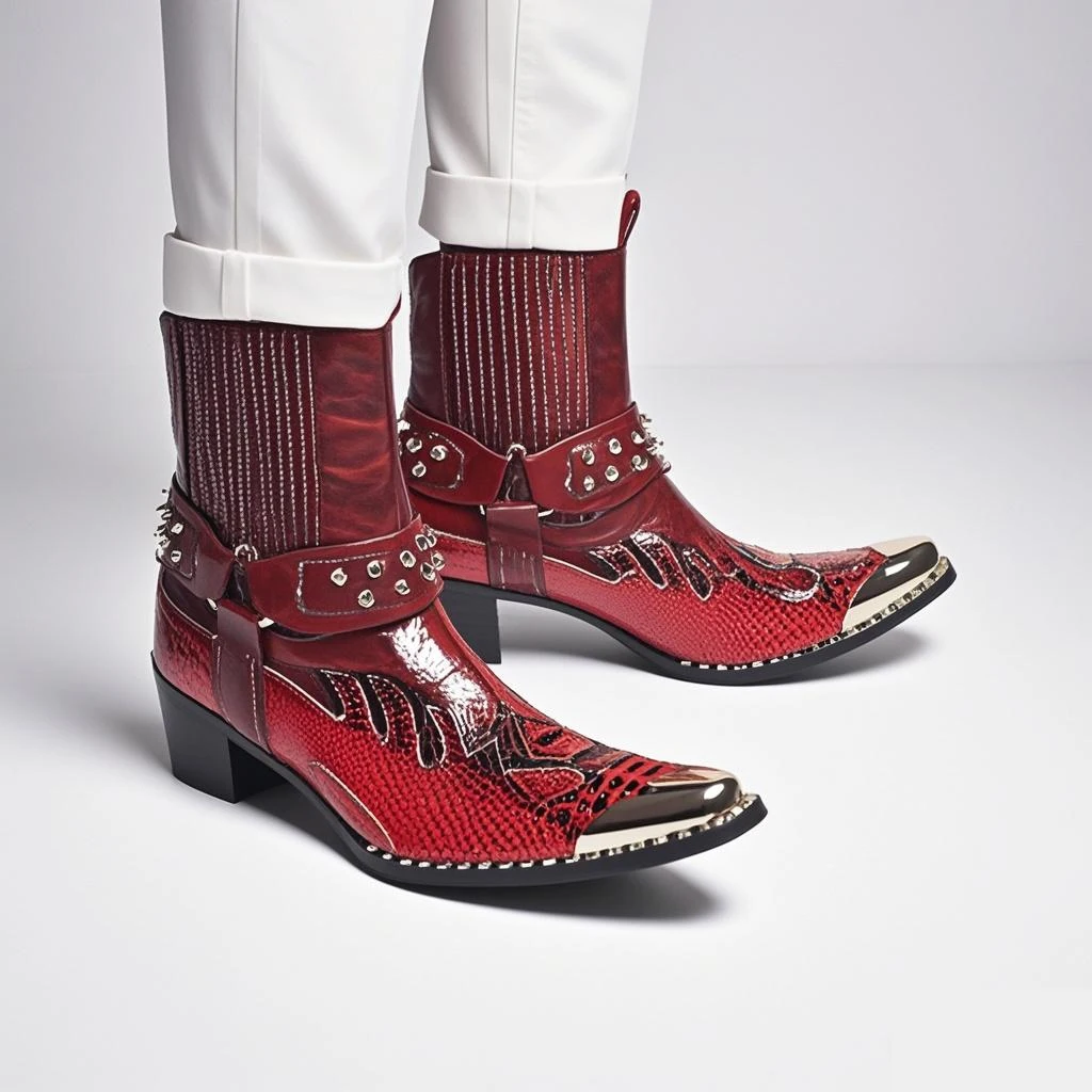 Men's Designer Genuine Leather Ankle Boots Metal‑Pointed Print Rivet Decor Plus‑Size Cowboy Motorcycle Footwear For Business For