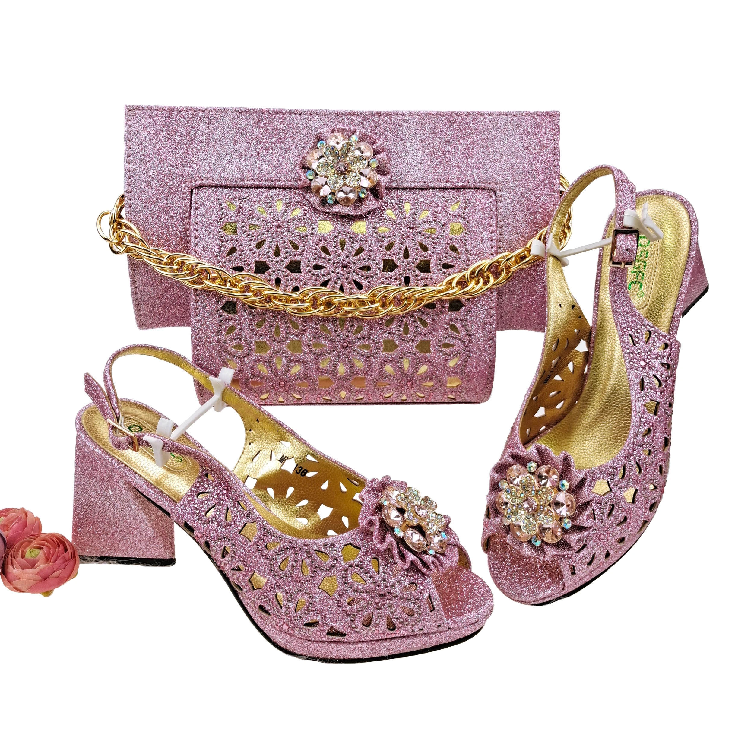 Doershow African fashion Italian Shoes And Bag Sets For Evening Party With Stones pink Italian Handbags Match Bags! HFV-25