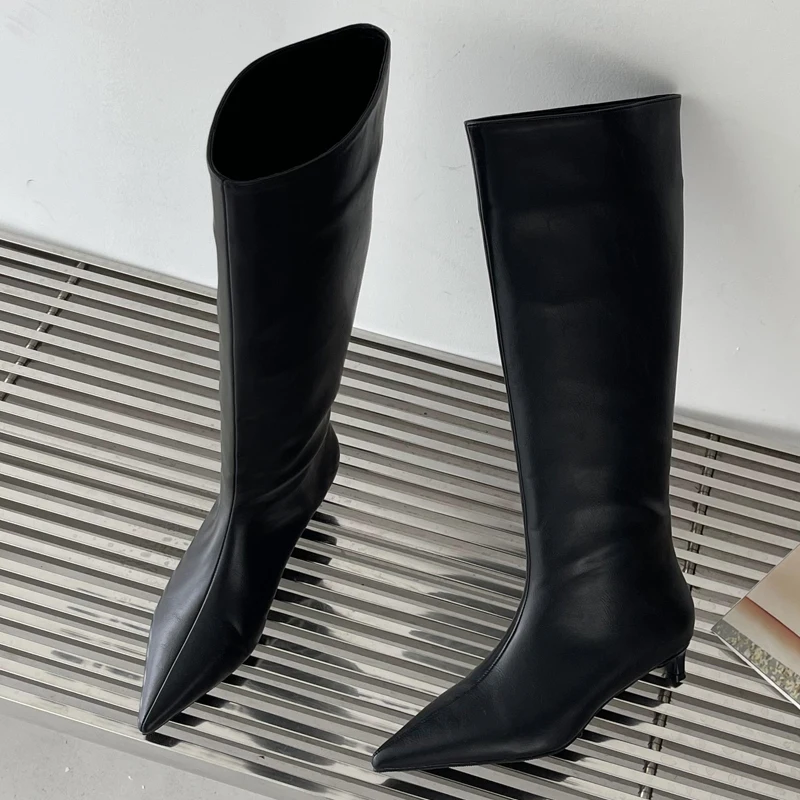 Aneikeh 2027 Fashion Sexy Pointed Low Heels Knee Long Boots Women's Spring/Autumn PU Sewing Party Ball Western Boots 35-42