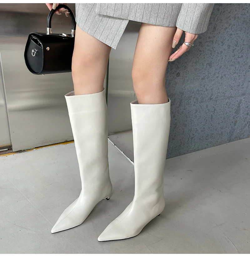 Aneikeh 2027 Fashion Sexy Pointed Low Heels Knee Long Boots Women's Spring/Autumn PU Sewing Party Ball Western Boots 35-42