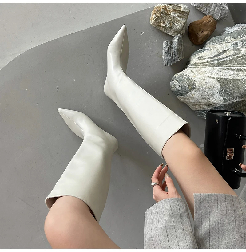 Aneikeh 2027 Fashion Sexy Pointed Low Heels Knee Long Boots Women's Spring/Autumn PU Sewing Party Ball Western Boots 35-42