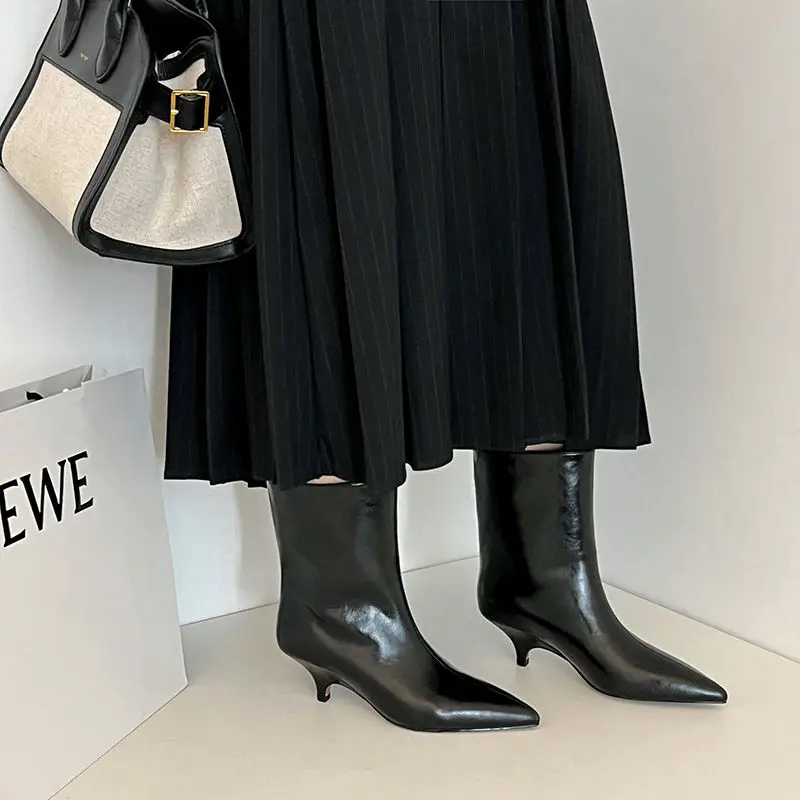 QUTAA Fashion Women Ankle Boots Winter Genuine Leather Autumn Shoes Kitten High Heels Pointed Toe Dress Lady Short Boots 34-43