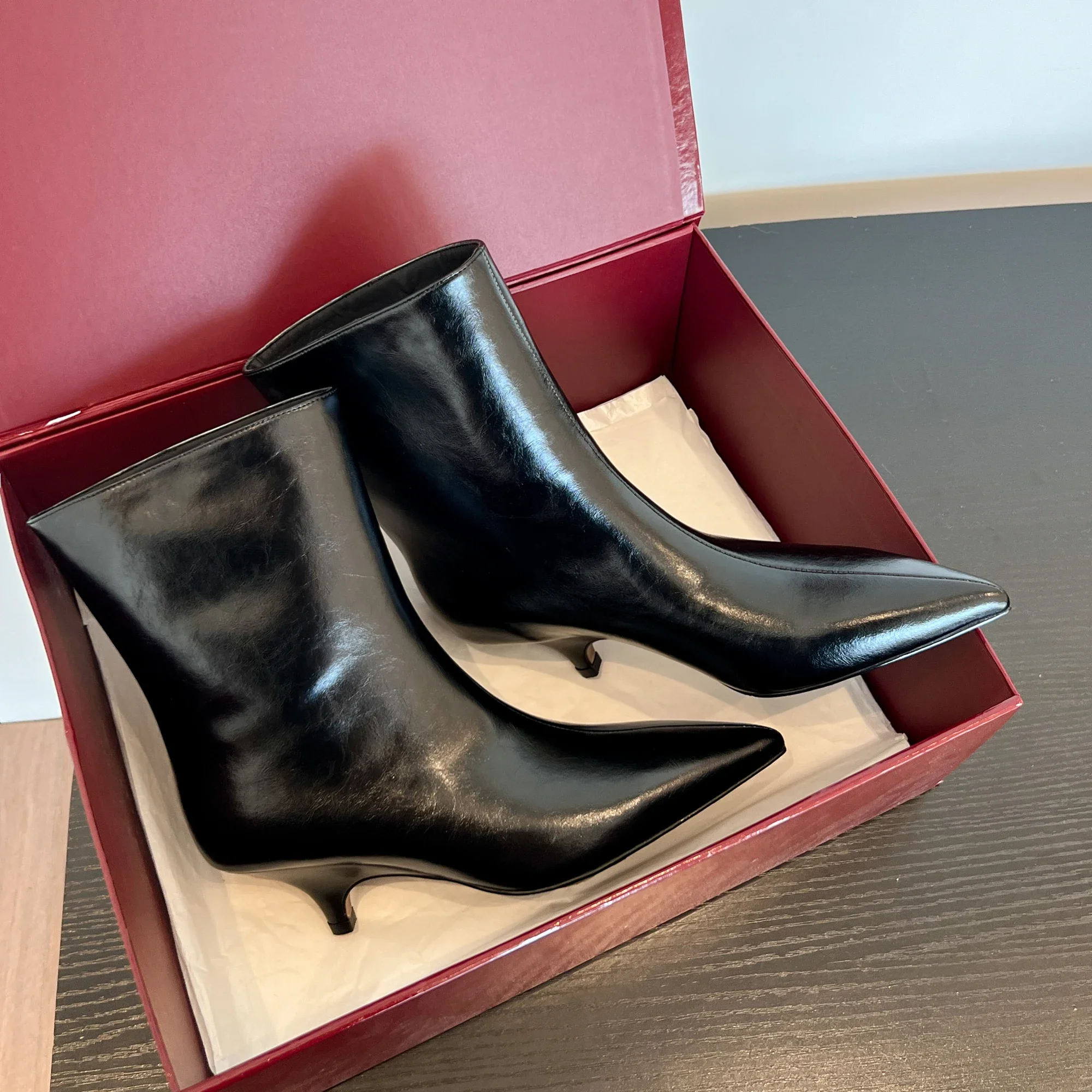 QUTAA Fashion Women Ankle Boots Winter Genuine Leather Autumn Shoes Kitten High Heels Pointed Toe Dress Lady Short Boots 34-43