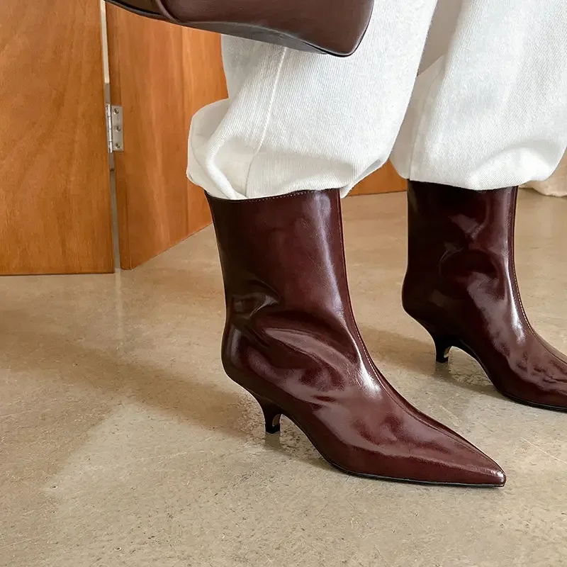 QUTAA Fashion Women Ankle Boots Winter Genuine Leather Autumn Shoes Kitten High Heels Pointed Toe Dress Lady Short Boots 34-43