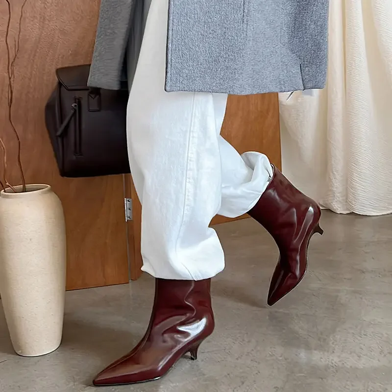 QUTAA Fashion Women Ankle Boots Winter Genuine Leather Autumn Shoes Kitten High Heels Pointed Toe Dress Lady Short Boots 34-43