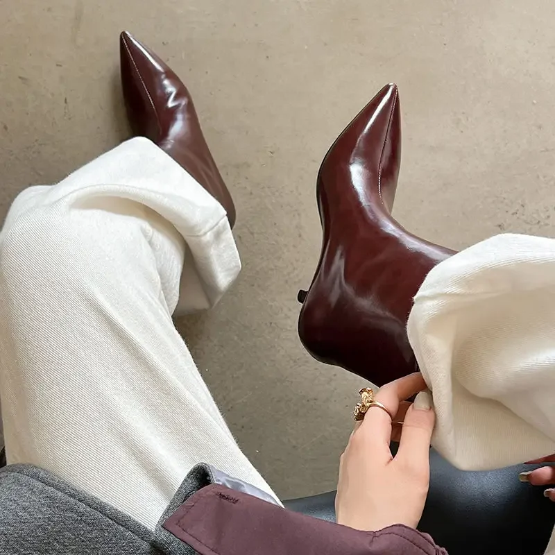 QUTAA Fashion Women Ankle Boots Winter Genuine Leather Autumn Shoes Kitten High Heels Pointed Toe Dress Lady Short Boots 34-43