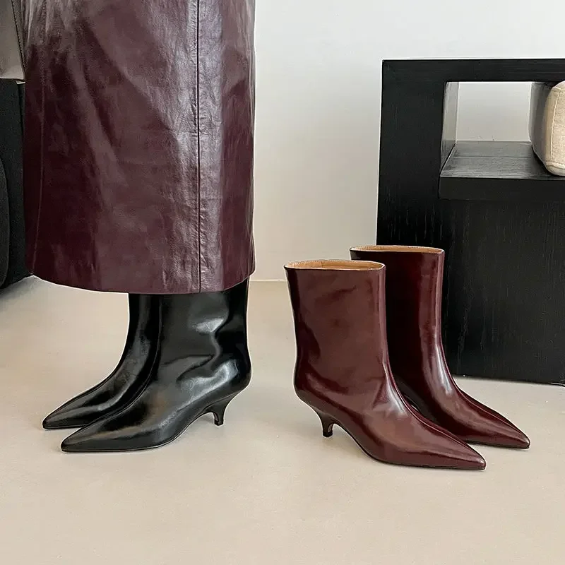 QUTAA Fashion Women Ankle Boots Winter Genuine Leather Autumn Shoes Kitten High Heels Pointed Toe Dress Lady Short Boots 34-43
