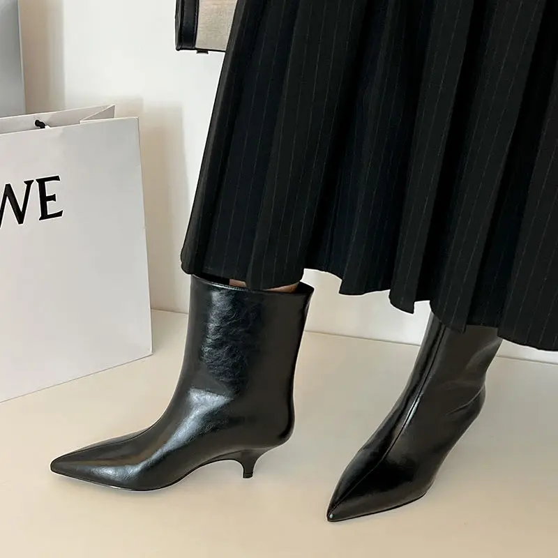 QUTAA Fashion Women Ankle Boots Winter Genuine Leather Autumn Shoes Kitten High Heels Pointed Toe Dress Lady Short Boots 34-43