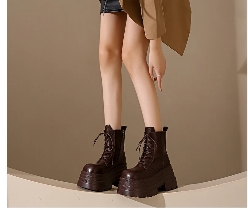 Women High Platform Boots Gothic Leather Punk Shoes Female Ankle Short Combat Boots 10.5CM Wedge Heels Chunky Motorcycle Boots