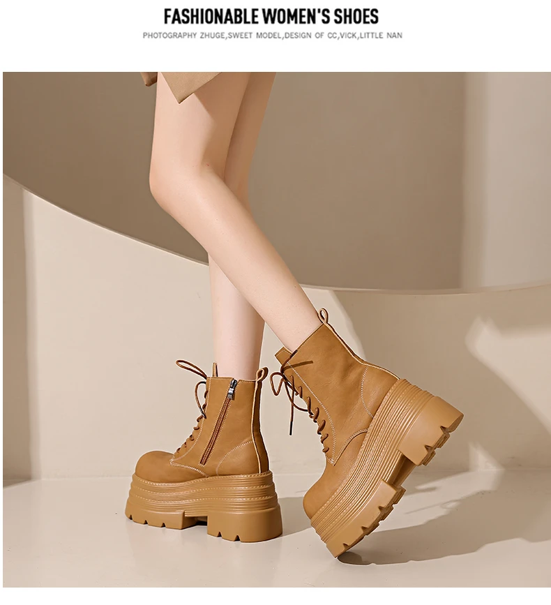 Women High Platform Boots Gothic Leather Punk Shoes Female Ankle Short Combat Boots 10.5CM Wedge Heels Chunky Motorcycle Boots