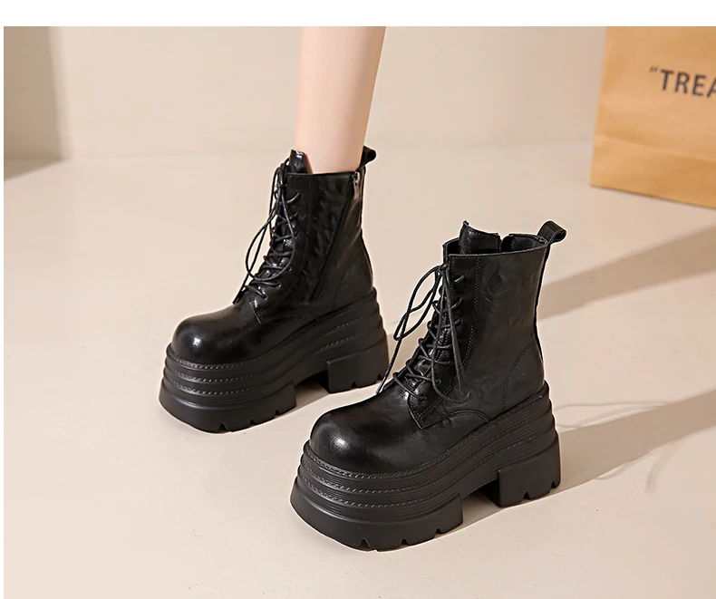Women High Platform Boots Gothic Leather Punk Shoes Female Ankle Short Combat Boots 10.5CM Wedge Heels Chunky Motorcycle Boots