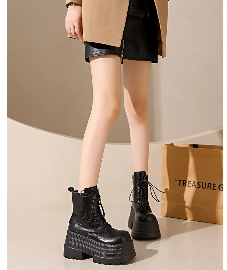 Women High Platform Boots Gothic Leather Punk Shoes Female Ankle Short Combat Boots 10.5CM Wedge Heels Chunky Motorcycle Boots