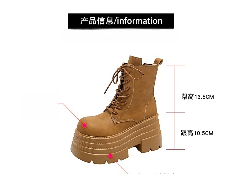 Women High Platform Boots Gothic Leather Punk Shoes Female Ankle Short Combat Boots 10.5CM Wedge Heels Chunky Motorcycle Boots