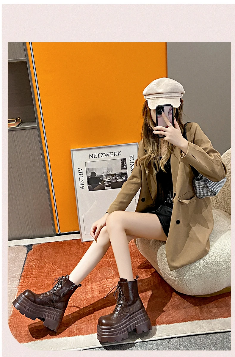 Women High Platform Boots Gothic Leather Punk Shoes Female Ankle Short Combat Boots 10.5CM Wedge Heels Chunky Motorcycle Boots