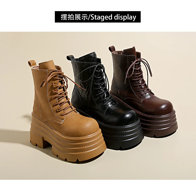 Women High Platform Boots Gothic Leather Punk Shoes Female Ankle Short Combat Boots 10.5CM Wedge Heels Chunky Motorcycle Boots