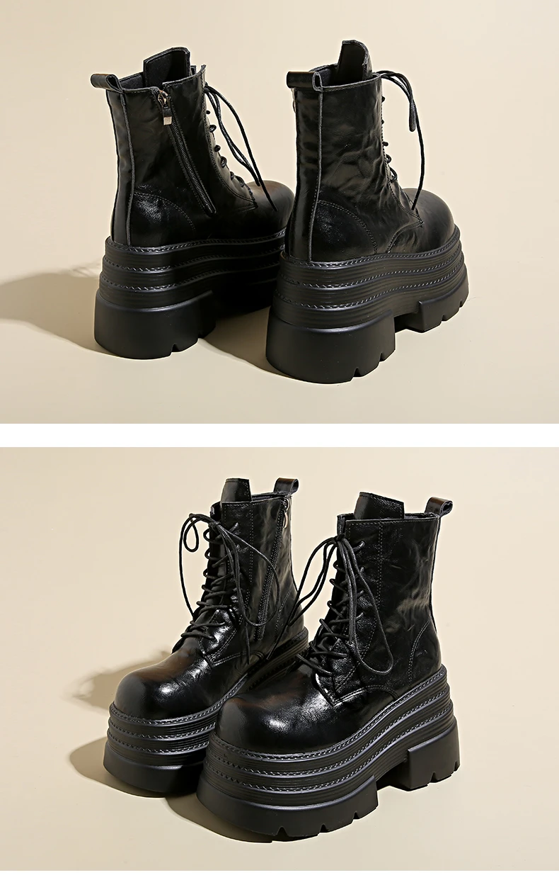 Women High Platform Boots Gothic Leather Punk Shoes Female Ankle Short Combat Boots 10.5CM Wedge Heels Chunky Motorcycle Boots