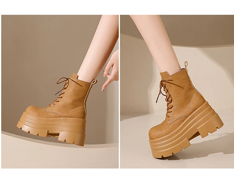 Women High Platform Boots Gothic Leather Punk Shoes Female Ankle Short Combat Boots 10.5CM Wedge Heels Chunky Motorcycle Boots