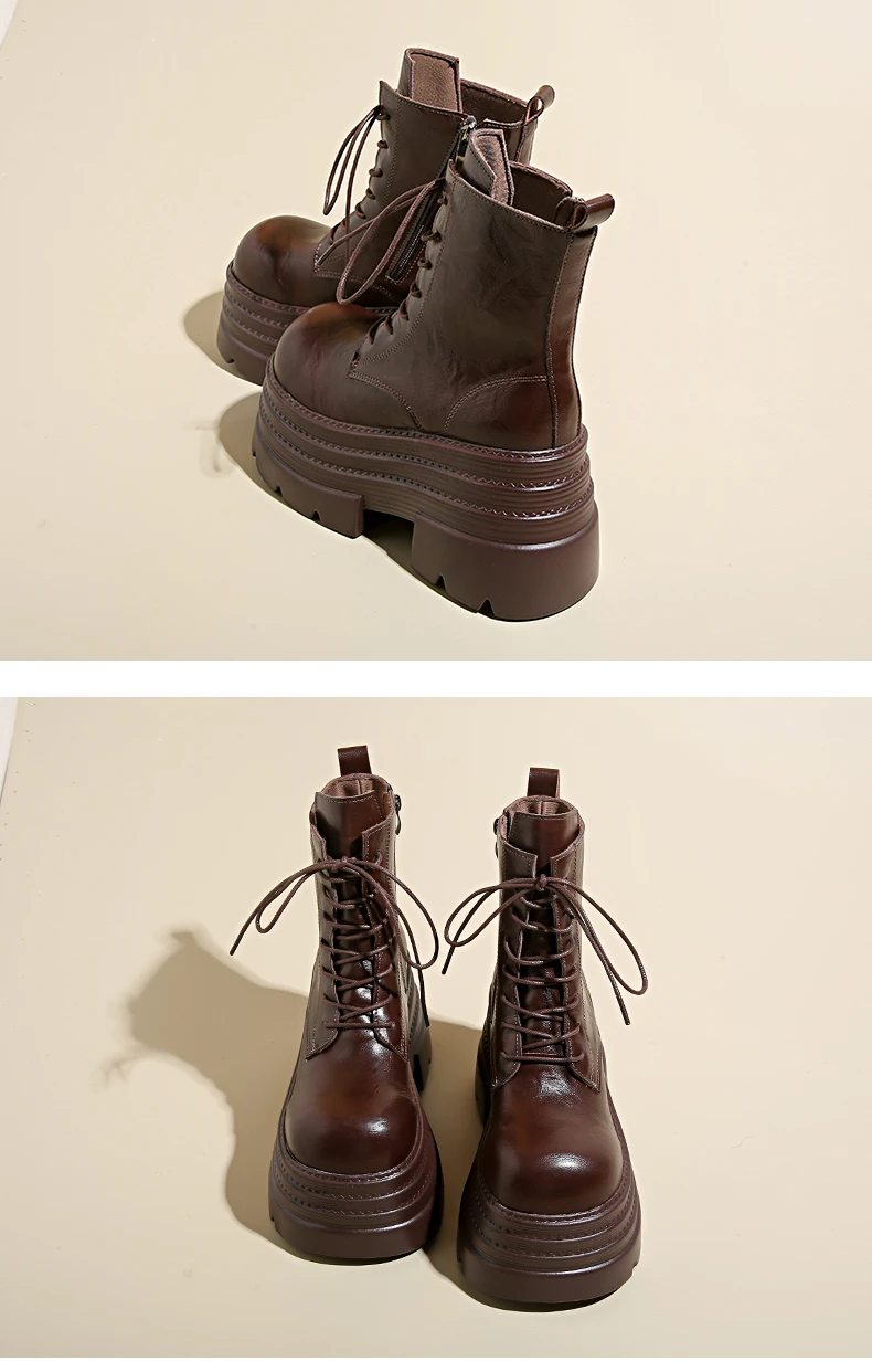 Women High Platform Boots Gothic Leather Punk Shoes Female Ankle Short Combat Boots 10.5CM Wedge Heels Chunky Motorcycle Boots
