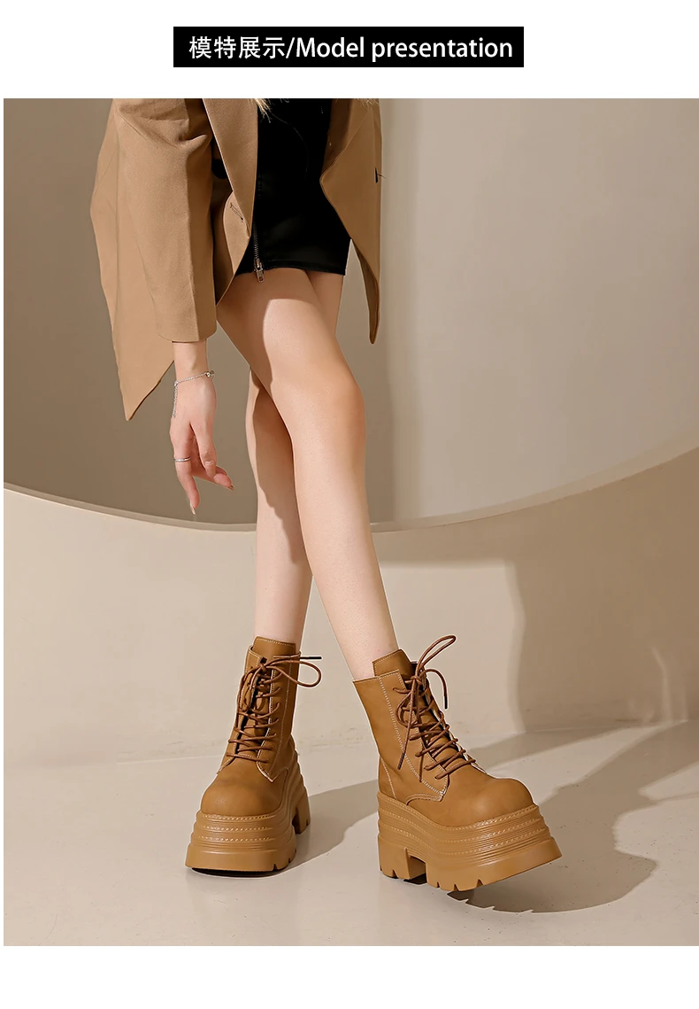 Women High Platform Boots Gothic Leather Punk Shoes Female Ankle Short Combat Boots 10.5CM Wedge Heels Chunky Motorcycle Boots
