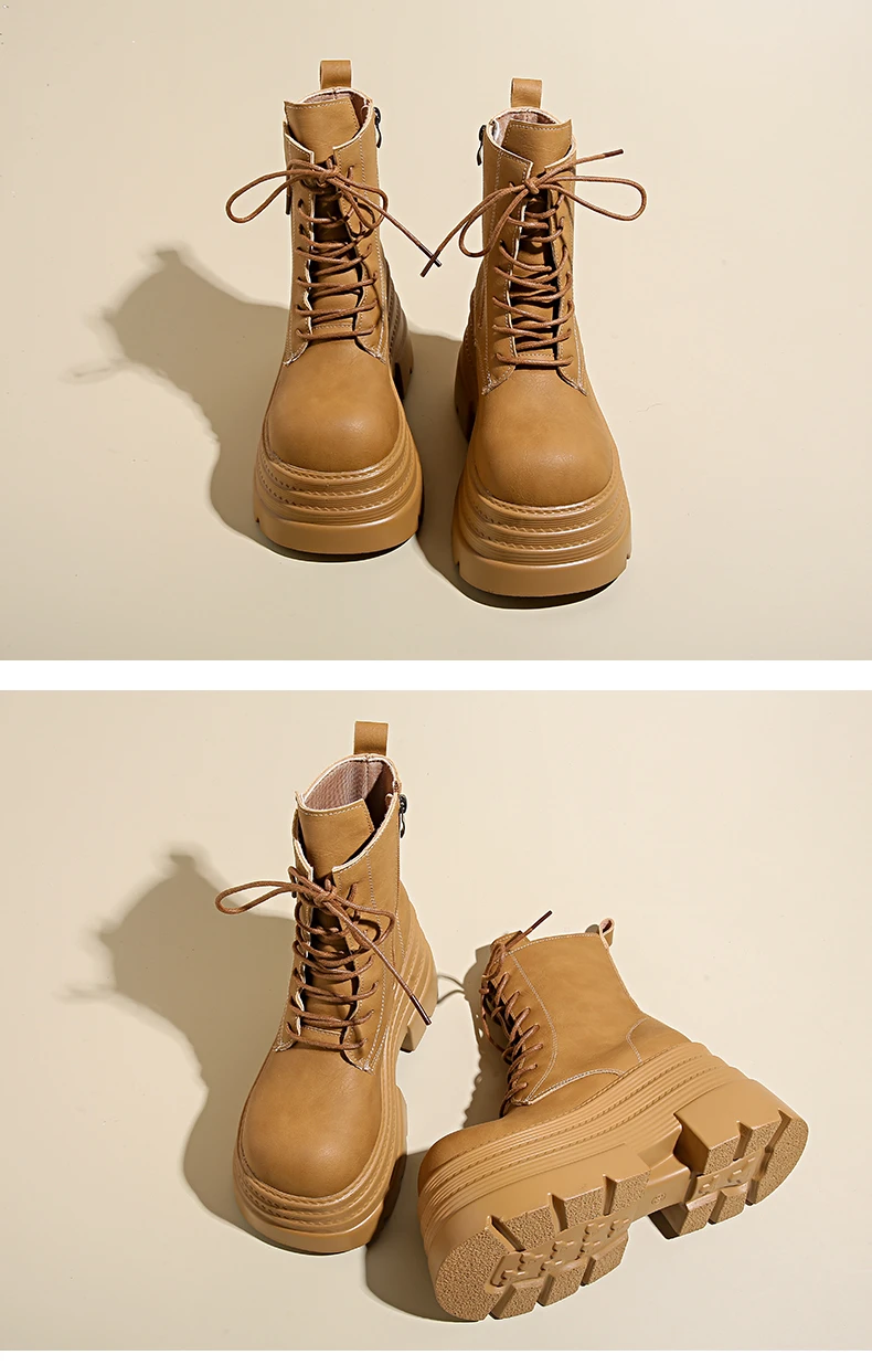 Women High Platform Boots Gothic Leather Punk Shoes Female Ankle Short Combat Boots 10.5CM Wedge Heels Chunky Motorcycle Boots