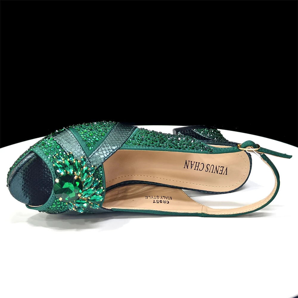 2026 Italian Elegant Green Large Size Women Heels Rhinestone Handbag Set For Wedding Party Bridal Evening Match Accessories