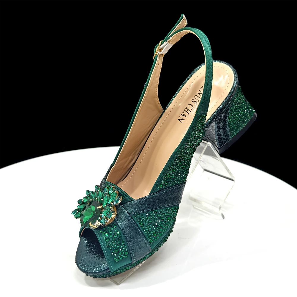 2026 Italian Elegant Green Large Size Women Heels Rhinestone Handbag Set For Wedding Party Bridal Evening Match Accessories