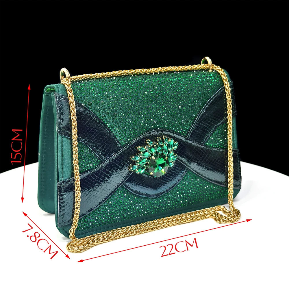 2026 Italian Elegant Green Large Size Women Heels Rhinestone Handbag Set For Wedding Party Bridal Evening Match Accessories