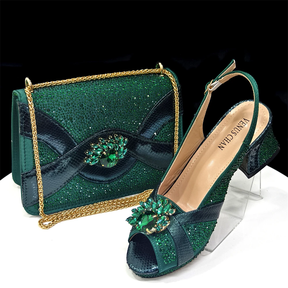 2026 Italian Elegant Green Large Size Women Heels Rhinestone Handbag Set For Wedding Party Bridal Evening Match Accessories