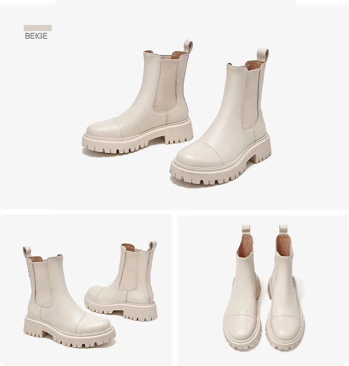 BeauToday Ankle Boots Platform Women Cow Leather Chelsea Boots Round Toe Elastic Band Thick Sole Ladies Shoes Handmade 02379