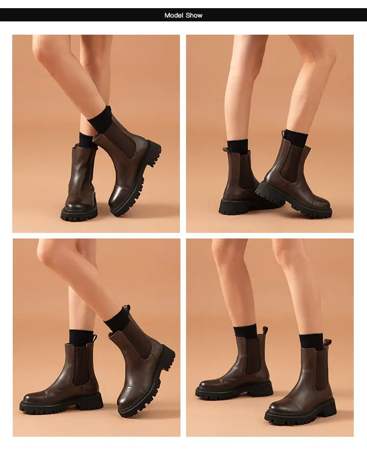BeauToday Ankle Boots Platform Women Cow Leather Chelsea Boots Round Toe Elastic Band Thick Sole Ladies Shoes Handmade 02379