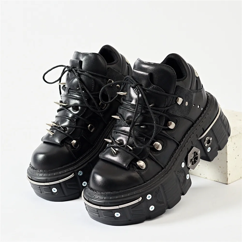 Punk Women Lace-Up Ankle Botas Mujer 2025 Rivet Metal Decoration Round Toe Thick Bottom Boots Woman Nightclub Rock Platform Shoe