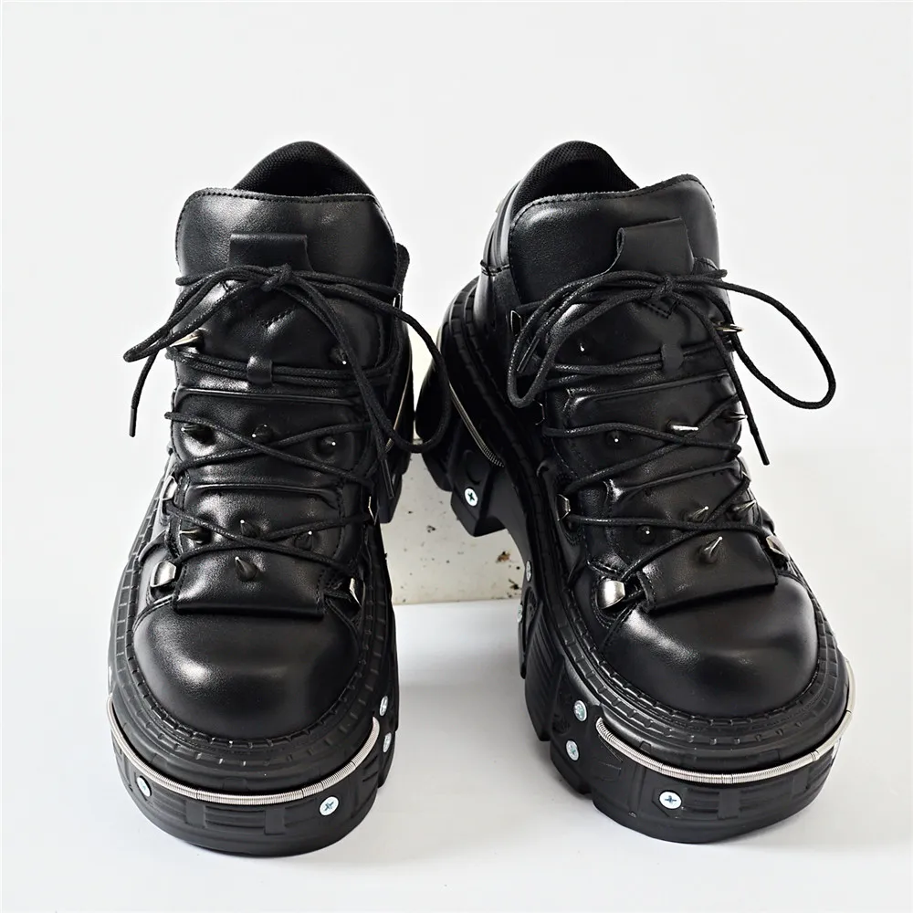 Punk Women Lace-Up Ankle Botas Mujer 2025 Rivet Metal Decoration Round Toe Thick Bottom Boots Woman Nightclub Rock Platform Shoe