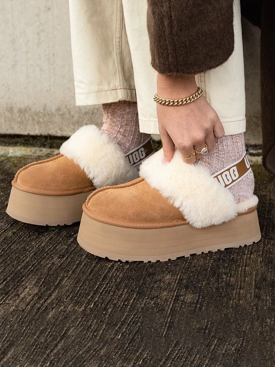 Women Warm Platform Mule Slides, Cow Suede, Real Wool Lining, Light EVA Chunky Sole, Elastic Heel Strap Winter House Slippers