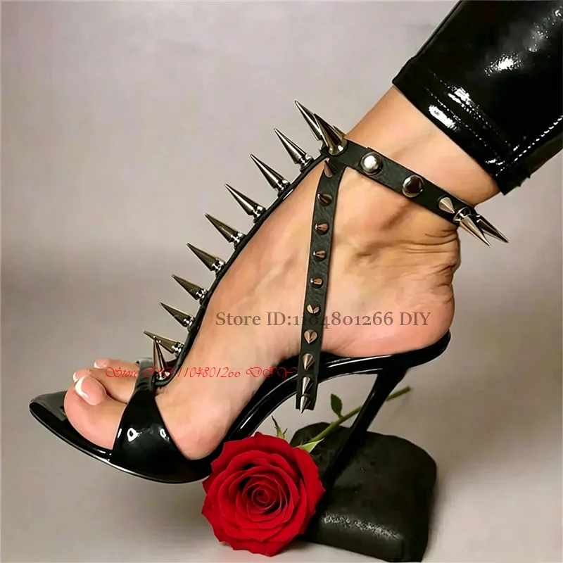 Black Long Rivets Strappy Stiletto Heeled Sandals Cross Ankle Strap Peep Toe Punk High Heels Female Retro Party Nightclub Shoes