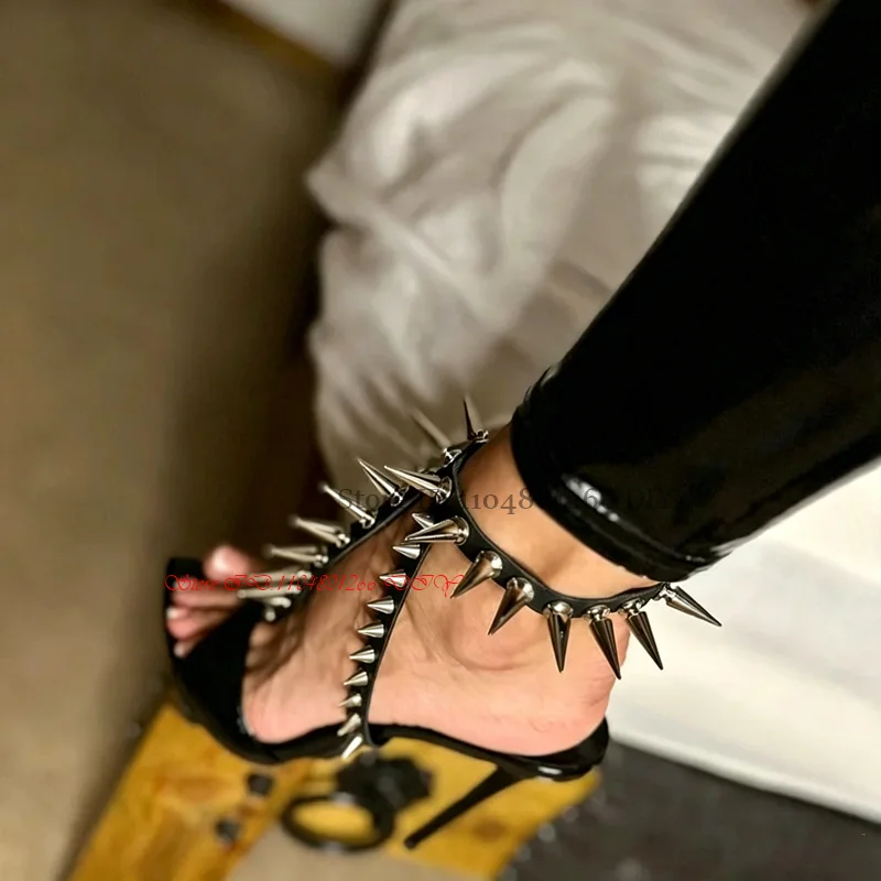 Black Long Rivets Strappy Stiletto Heeled Sandals Cross Ankle Strap Peep Toe Punk High Heels Female Retro Party Nightclub Shoes