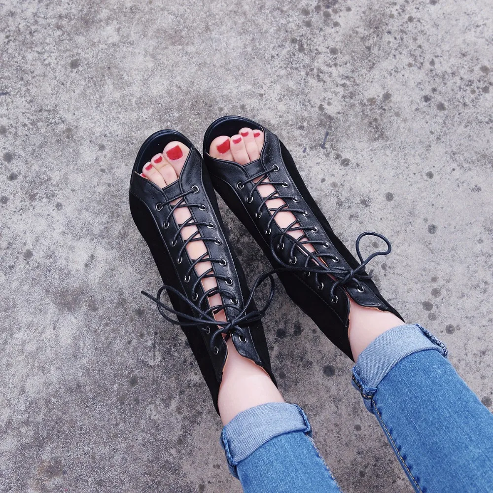 Black Summer High Heels Ankle Boots For Women 2026 Spring Peep Toe Lace Up Pumps Party Jazz Dance Shoes Suede Ladies Large Size