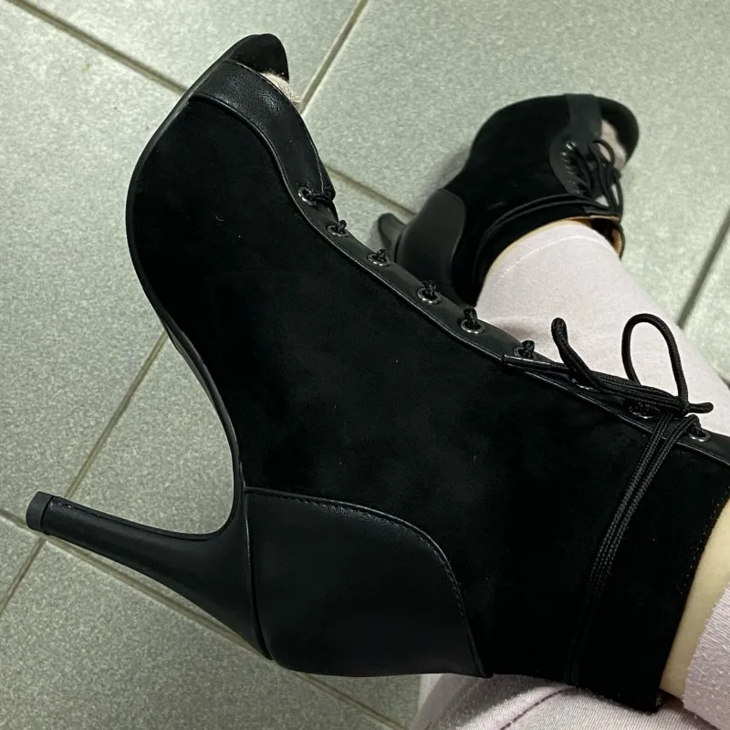 Black Summer High Heels Ankle Boots For Women 2026 Spring Peep Toe Lace Up Pumps Party Jazz Dance Shoes Suede Ladies Large Size