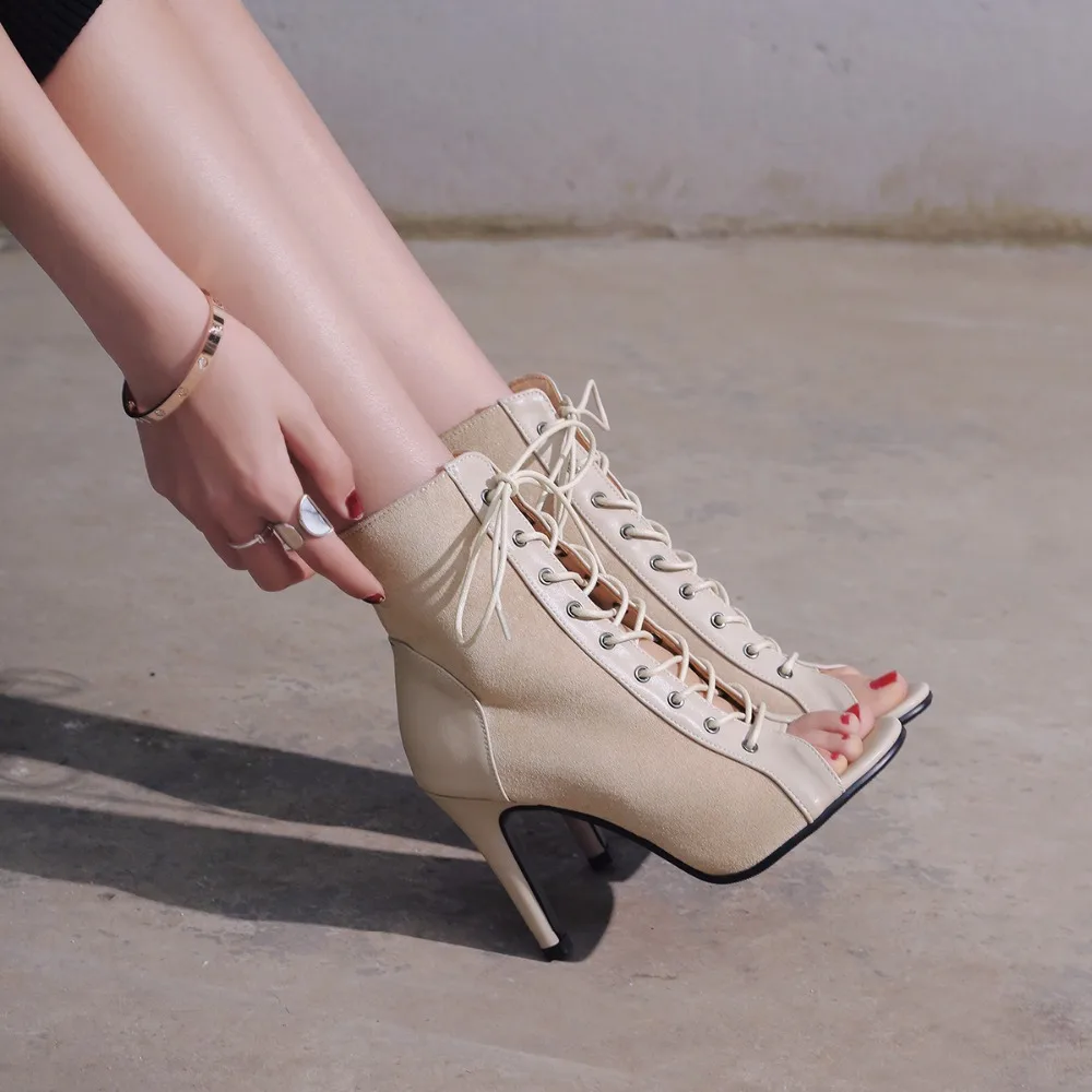 Black Summer High Heels Ankle Boots For Women 2026 Spring Peep Toe Lace Up Pumps Party Jazz Dance Shoes Suede Ladies Large Size